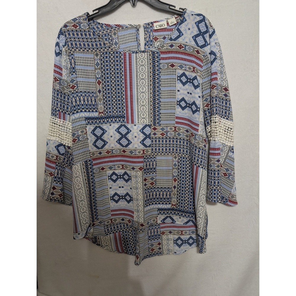 Women's Blue And White XL Blouse With Crochet On The Sleeve Boho